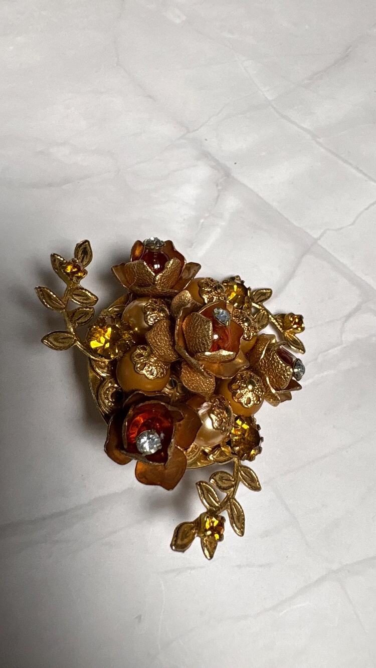 Vintage 60s 3D Layered Rose Flower Brooch Amber Gold Tone 2" Autumn Bouquet Pin